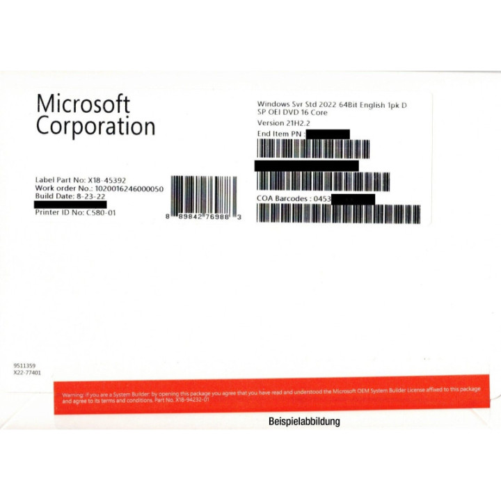 Windows Server 2022 Standard 16 Core OEM DSP ENLISCH mit COA (LIZENZNACHWEIS) und DVD