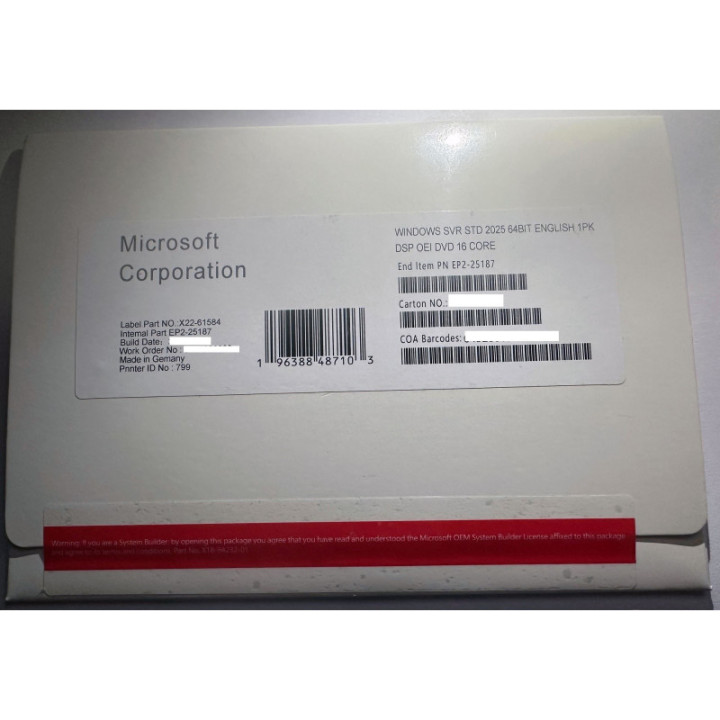 Microsoft Server 2025 Standard OEM Systembuilder PACK incl. COA (Certificate of Authentication) und DVD. Englisch